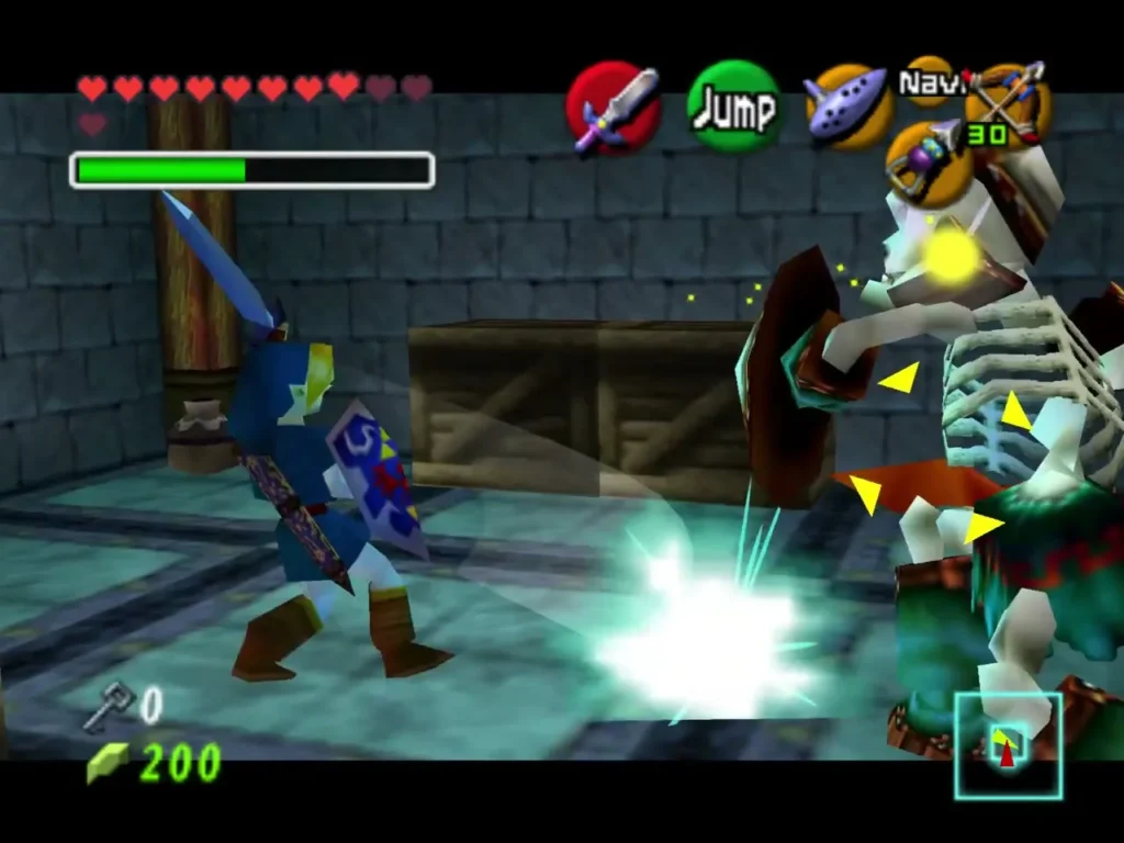 Link's sword striking a Stalfos in a side hall Link's sword striking a Stalfos in a side hall