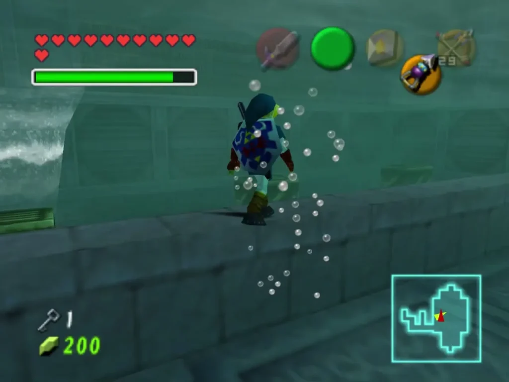 Link swimming upward with air bubbles rising around him Link swimming upward with air bubbles rising around him