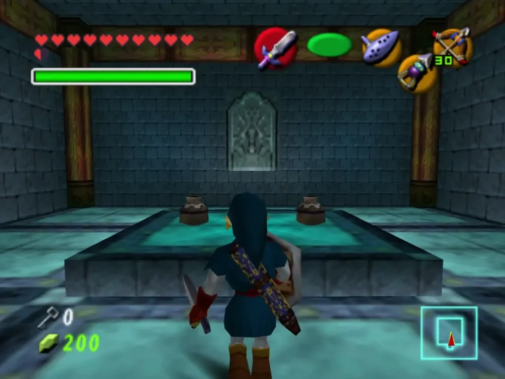 Link standing in the teal room facing a pool with two urns Link standing in the teal room facing a pool with two urns