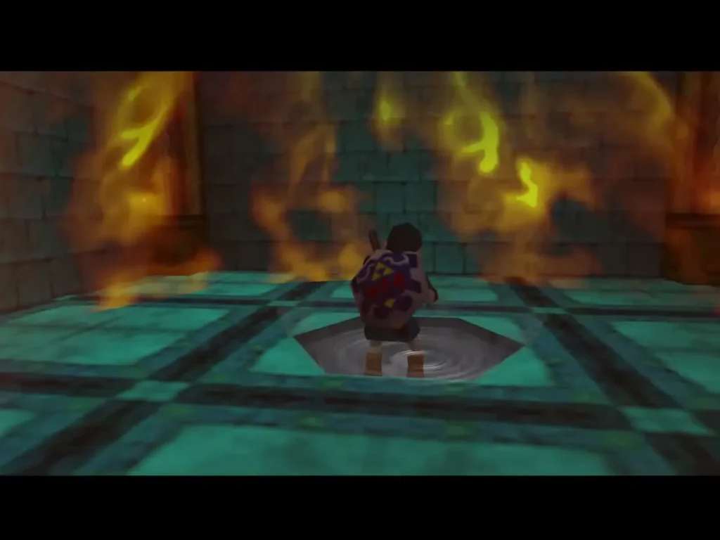 Link in the torch room with fire blazing along the walls Link in the torch room with fire blazing along the walls