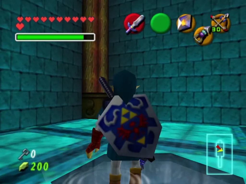 Link standing by the glowing water pool in the torch room Link standing by the glowing water pool in the torch room