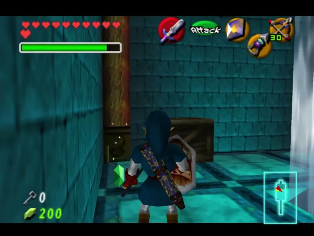 Link beside a wooden crate and a green rupee, with a waterfall falling beside him Link beside a wooden crate and a green rupee, with a waterfall falling beside him