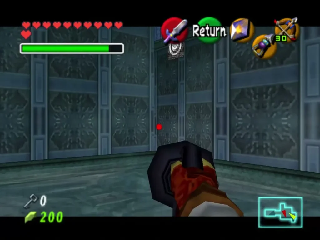 Link aiming the Longshot at a ring target on a wall of the underwater room Link aiming the Longshot at a ring target on a wall of the underwater room