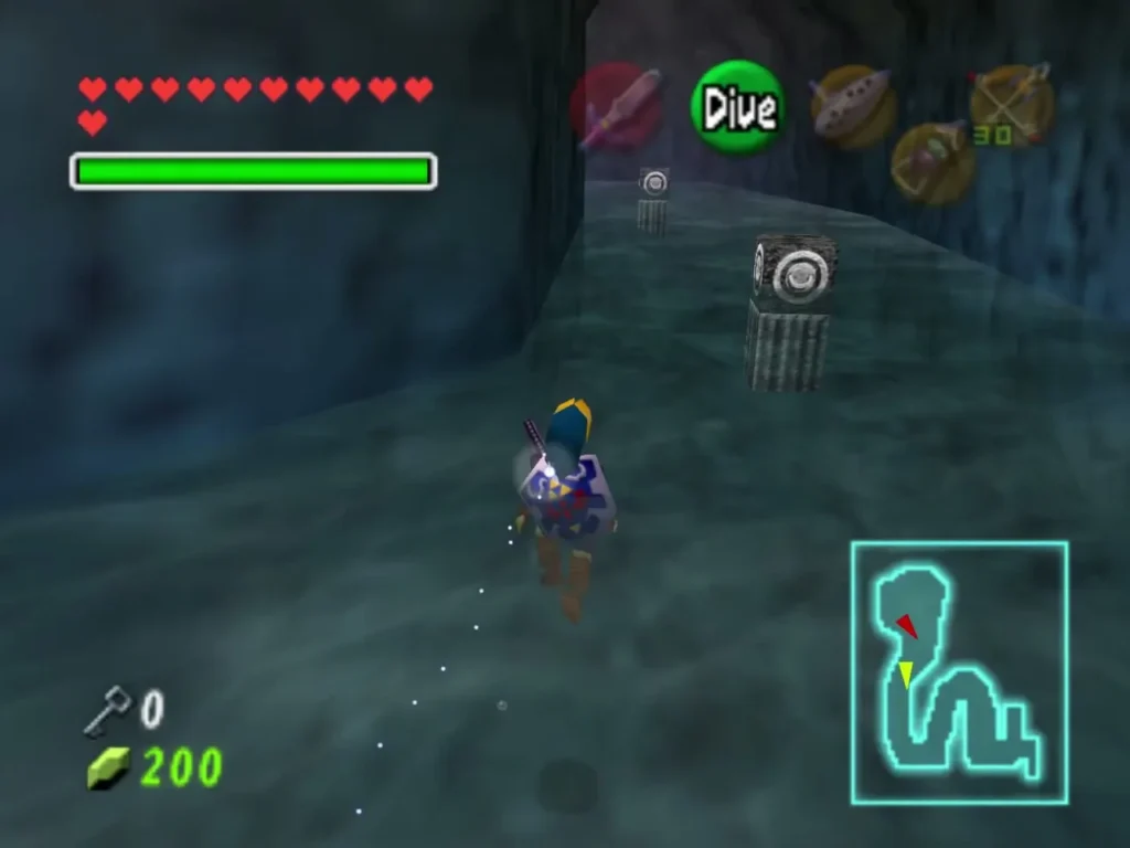 Link swimming down a water corridor past stone crates Link swimming down a water corridor past stone crates