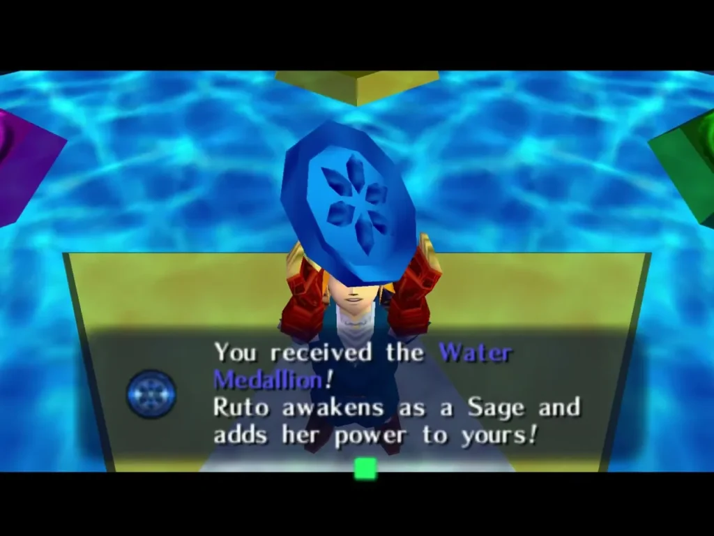 Link holding up the Water Medallion with the You received the Water Medallion box Link holding up the Water Medallion with the You received the Water Medallion box