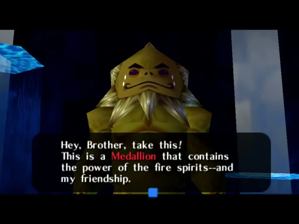 Darunia telling Link about the Fire Medallion in a text box Darunia telling Link about the Fire Medallion in a text box