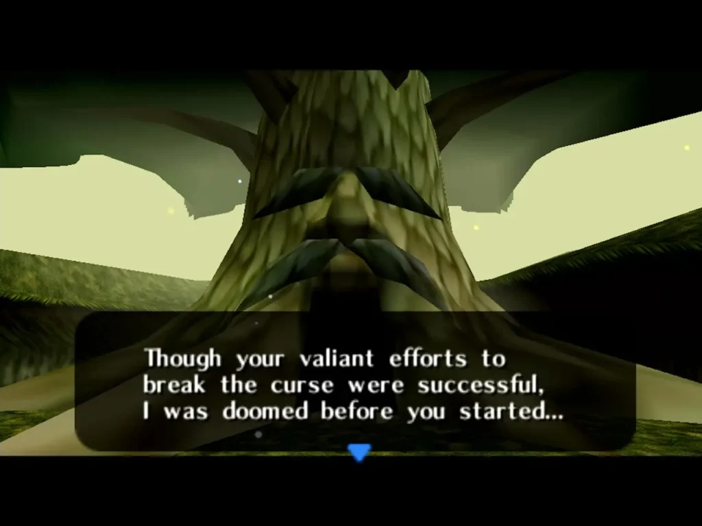 The dying Great Deku Tree speaking to Link in the Gohma arena The dying Great Deku Tree speaking to Link in the Gohma arena