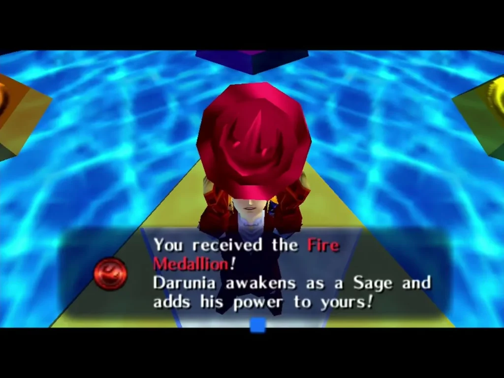 Link holding up the Fire Medallion as Darunia awakens as a Sage Link holding up the Fire Medallion as Darunia awakens as a Sage