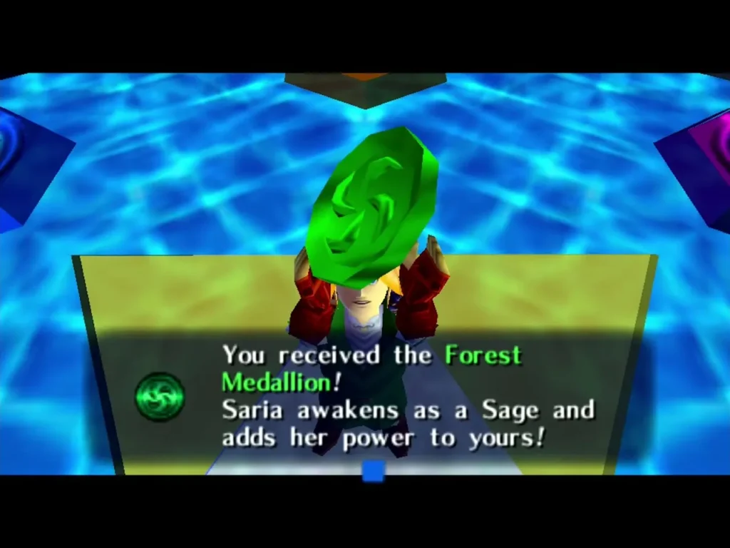 Link holding up the Forest Medallion as Saria awakens as a Sage Link holding up the Forest Medallion as Saria awakens as a Sage