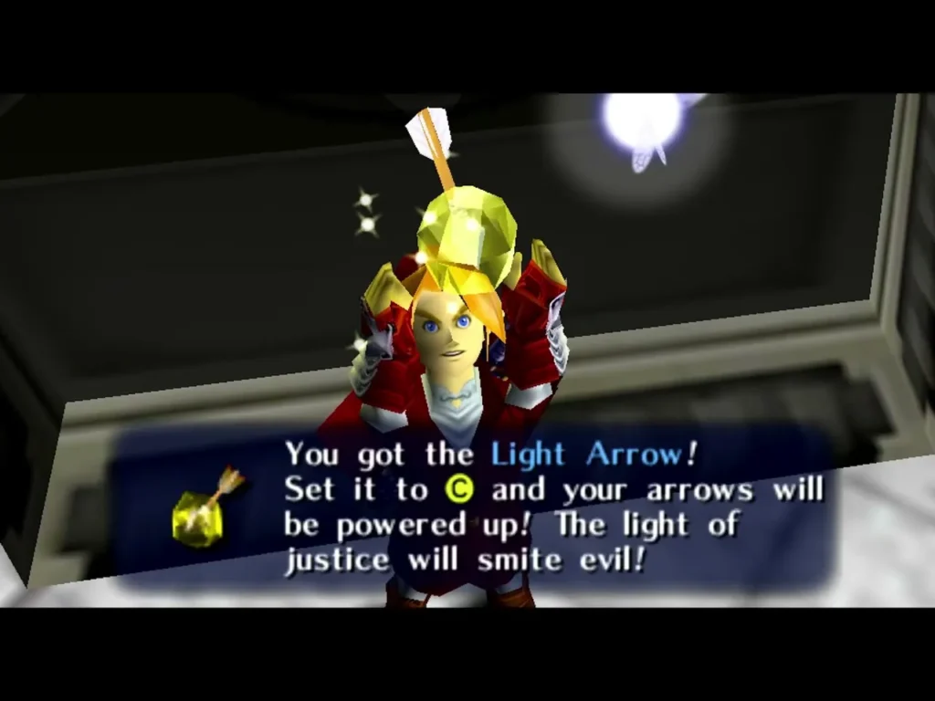 Link holding up the Light Arrow with the full You got the Light Arrow message box Link holding up the Light Arrow with the full You got the Light Arrow message box