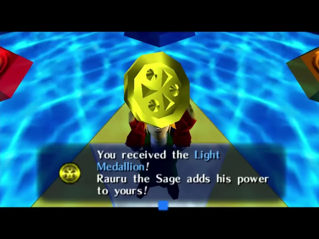 Link receiving the Light Medallion from Rauru in the Temple of Light Link receiving the Light Medallion from Rauru in the Temple of Light