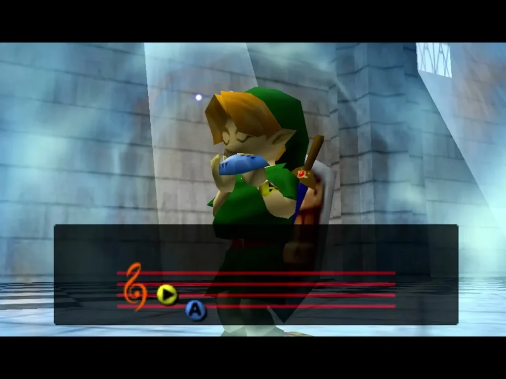 Link playing the ocarina at the pedestal in the Temple of Time Link playing the ocarina at the pedestal in the Temple of Time