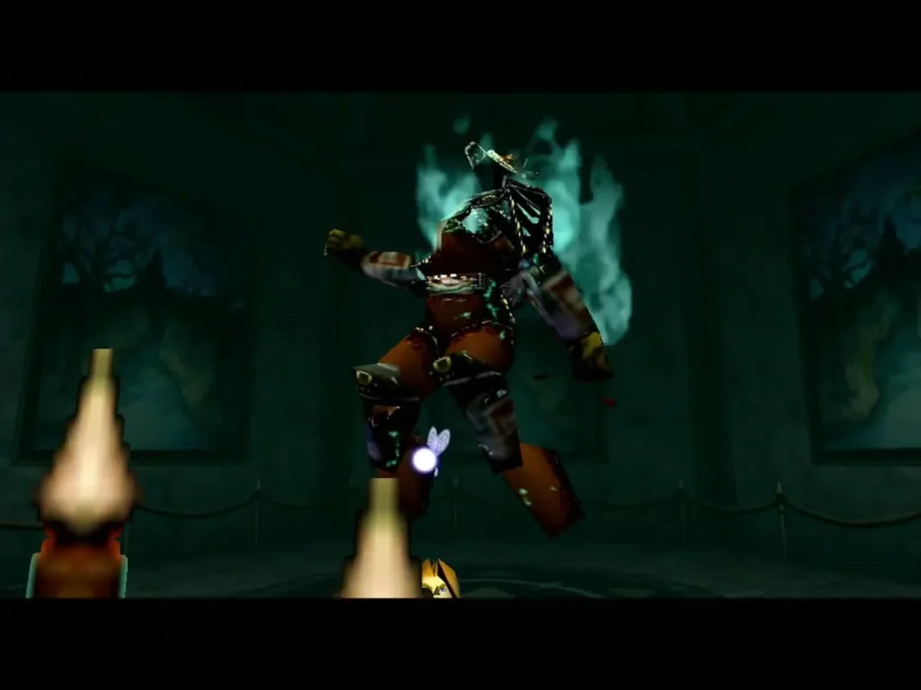 Phantom Ganon knocked into the air in the Forest Temple arena Phantom Ganon knocked into the air in the Forest Temple arena