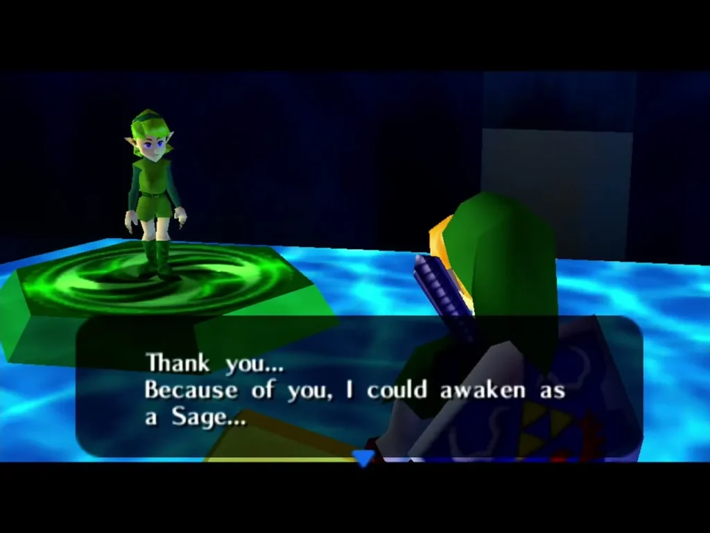 Saria speaking to Link on a warp pad in the Chamber of Sages Saria speaking to Link on a warp pad in the Chamber of Sages