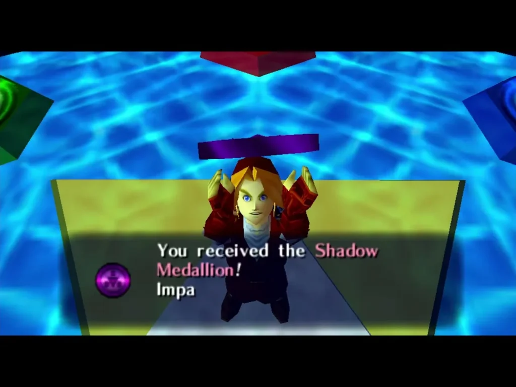 Link receiving the Shadow Medallion from Impa in the Chamber of Sages Link receiving the Shadow Medallion from Impa in the Chamber of Sages