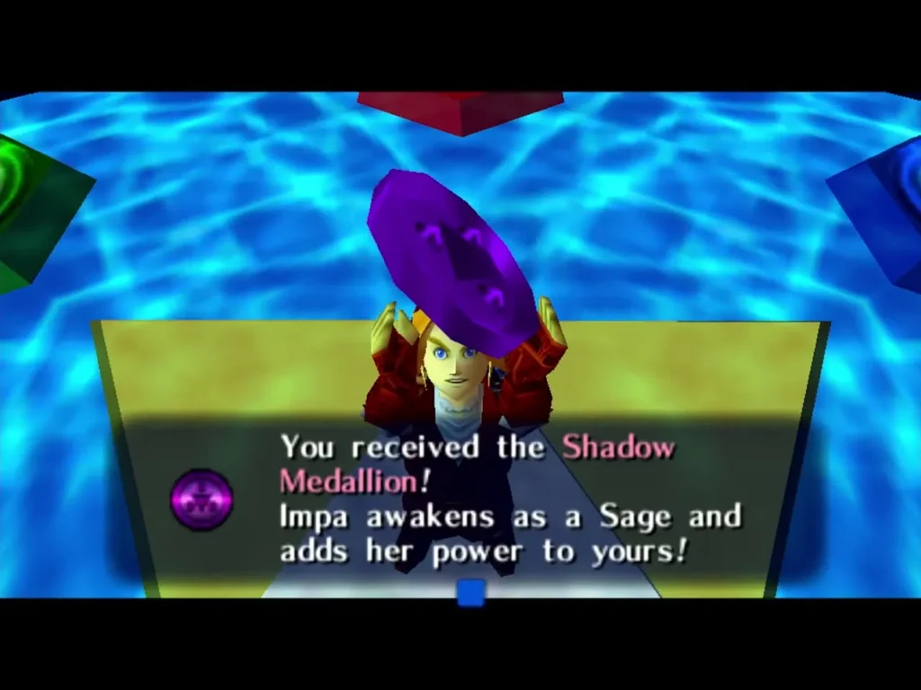 Link holding up the Shadow Medallion with the message about Impa awakening Link holding up the Shadow Medallion with the message about Impa awakening