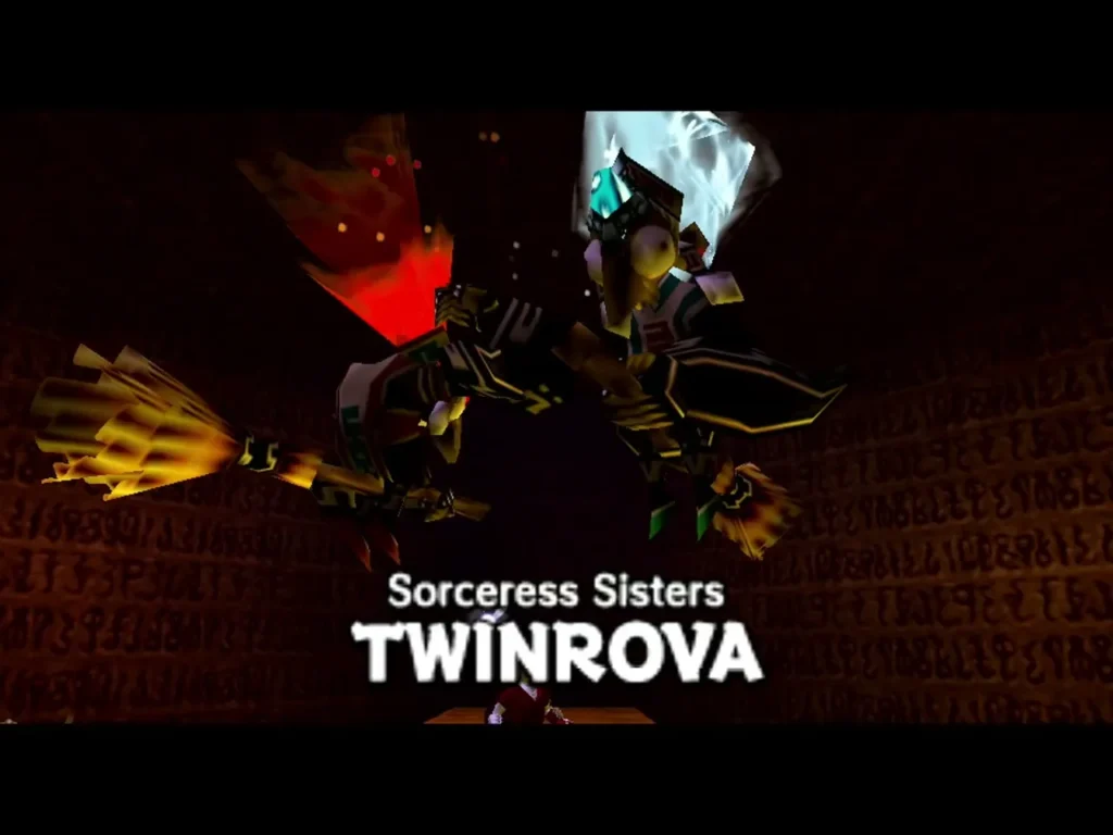 Sorceress Sisters Twinrova name card over the boss arena in the Spirit Temple Sorceress Sisters Twinrova name card over the boss arena in the Spirit Temple