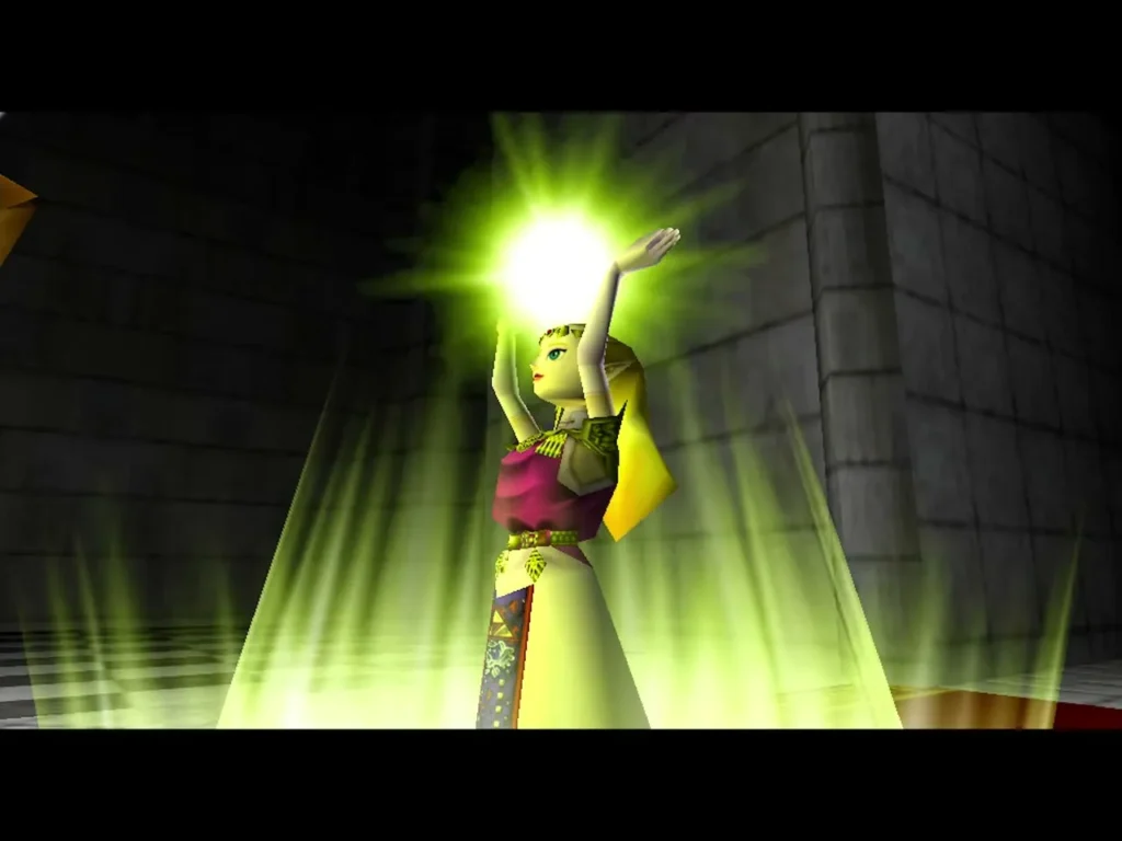 Princess Zelda raising her hands as a glowing ball of light gathers above her Princess Zelda raising her hands as a glowing ball of light gathers above her