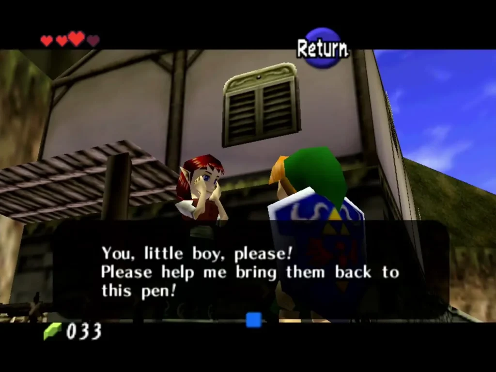 Anju asking Link to help bring the escaped Cuccos back to her pen Anju asking Link to help bring the escaped Cuccos back to her pen
