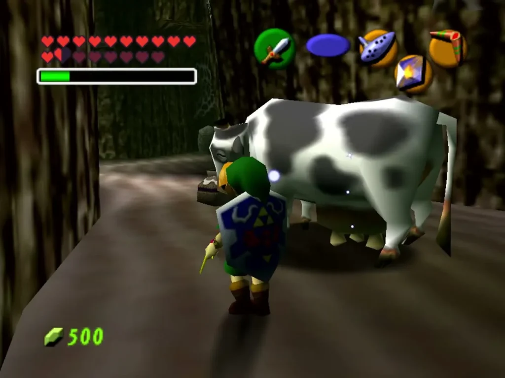 Child Link standing next to a spotted cow in the barn Child Link standing next to a spotted cow in the barn