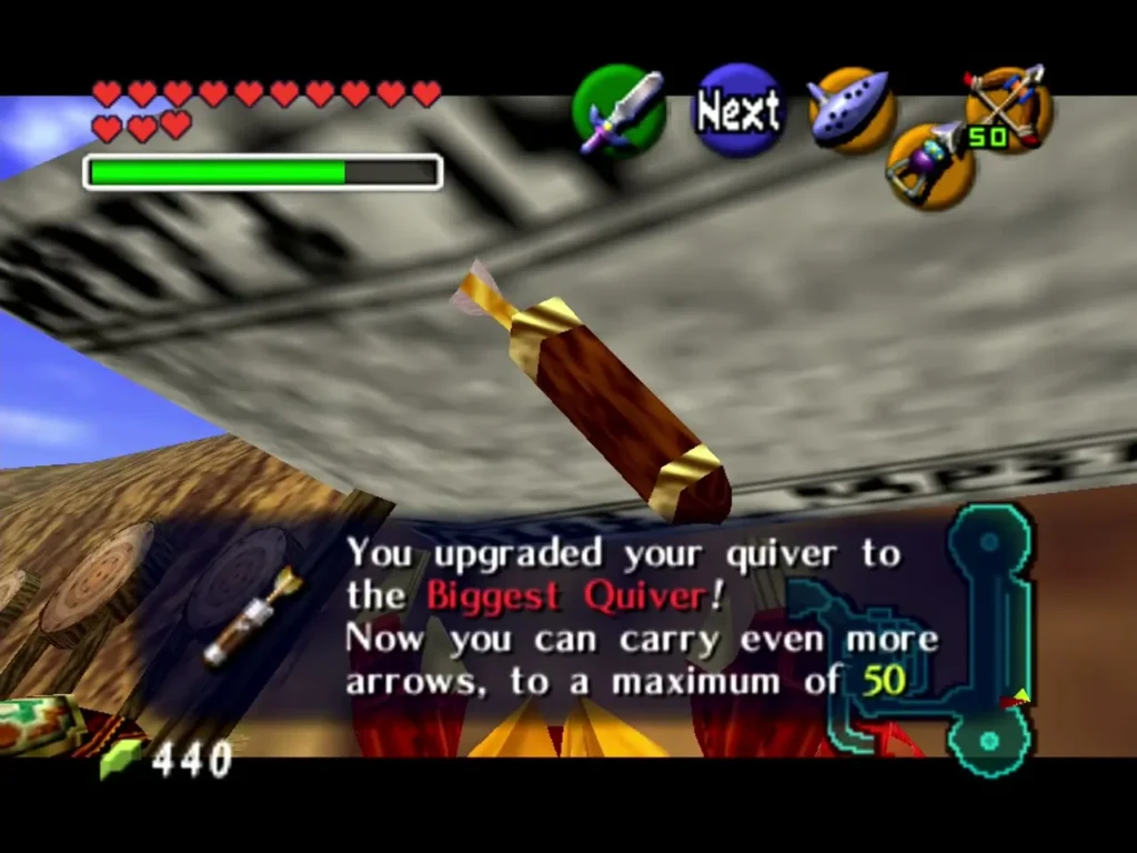 Link receiving the Biggest Quiver upgrade, carrying up to 50 arrows Link receiving the Biggest Quiver upgrade, carrying up to 50 arrows