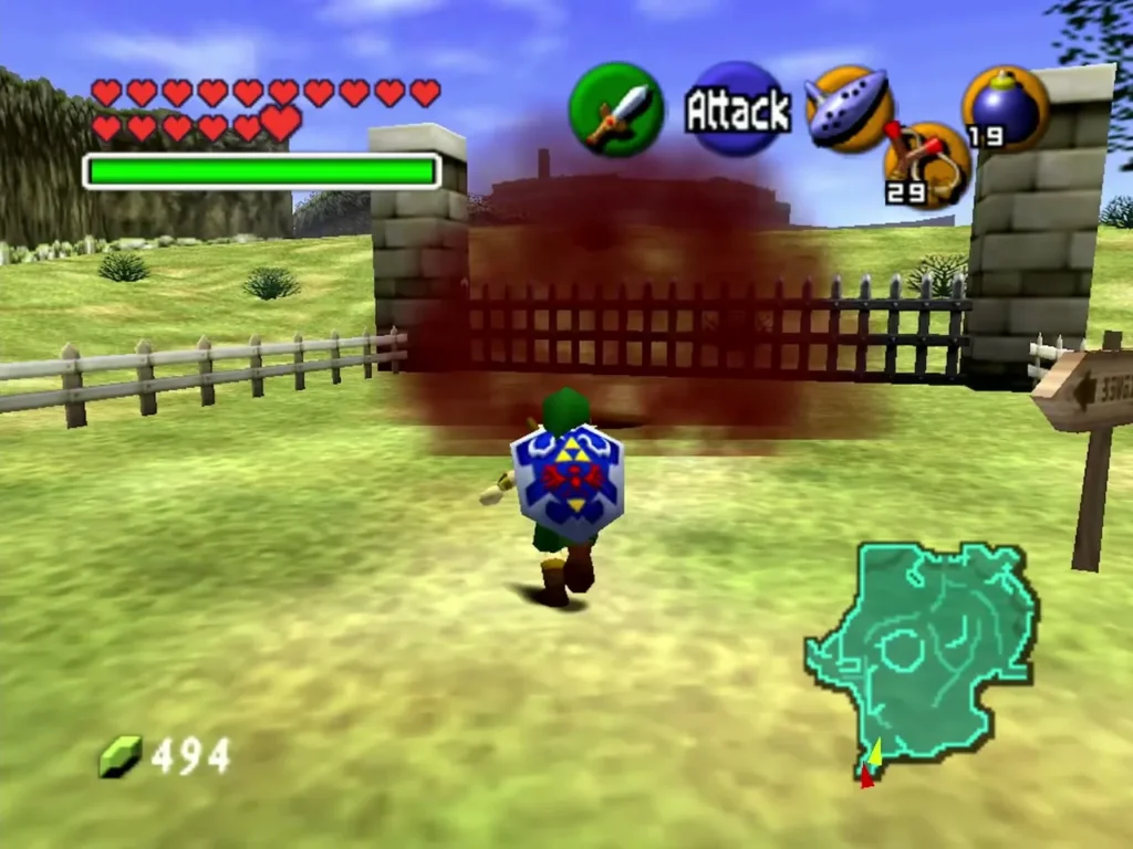 A bomb blast at the fence gate on the Lake Hylia path opening a hidden grotto A bomb blast at the fence gate on the Lake Hylia path opening a hidden grotto