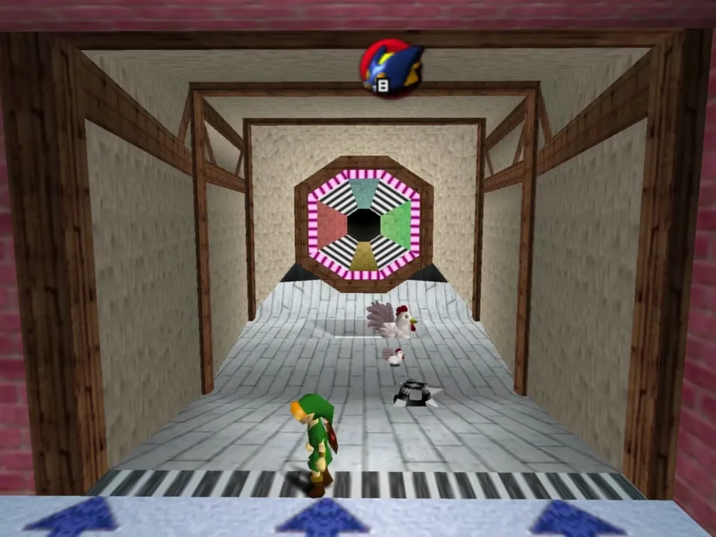 A Cucco and holes in the bowling lane between Link and the target A Cucco and holes in the bowling lane between Link and the target