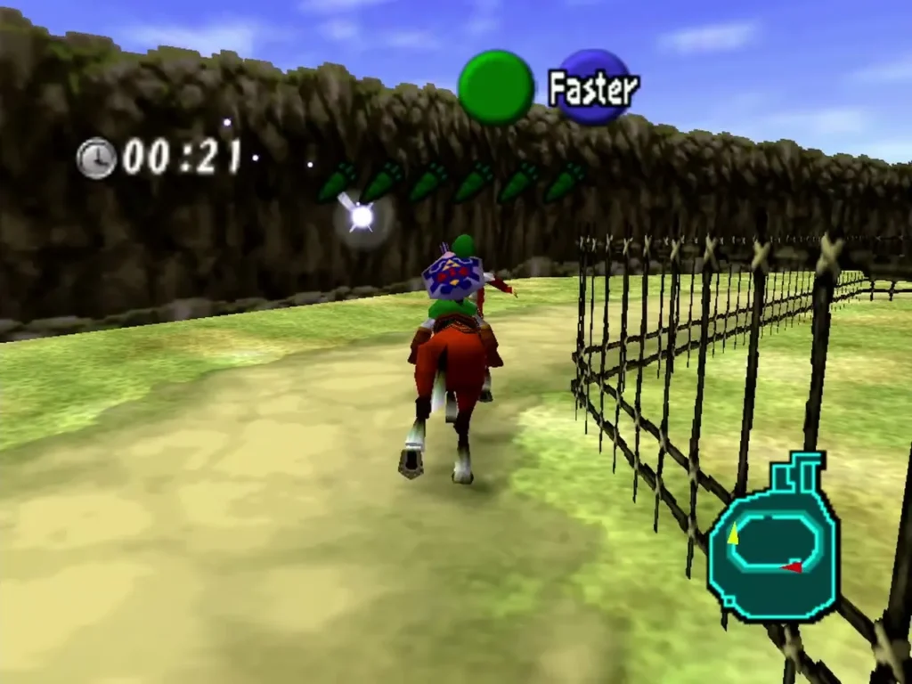 Link riding Epona along the paddock fence with the Faster prompt and carrot bar Link riding Epona along the paddock fence with the Faster prompt and carrot bar