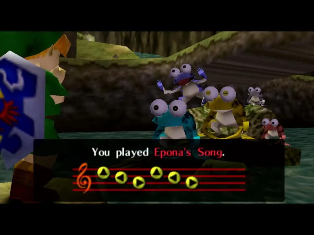 Frogs in Zora's River reacting after Link plays Epona's Song Frogs in Zora's River reacting after Link plays Epona's Song