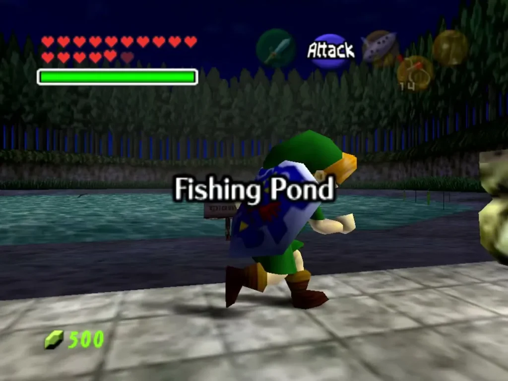 Link walking up to the Fishing Pond name box at Lake Hylia Link walking up to the Fishing Pond name box at Lake Hylia