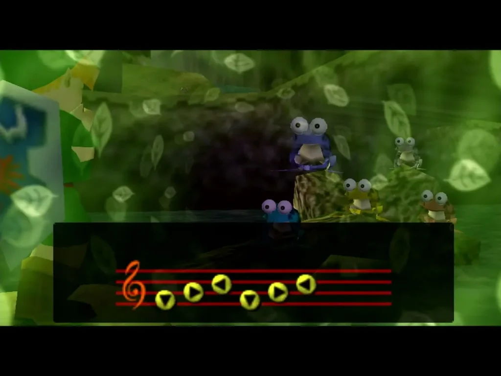 Frogs on the log in Zora's River as Link plays a song on the Ocarina Frogs on the log in Zora's River as Link plays a song on the Ocarina