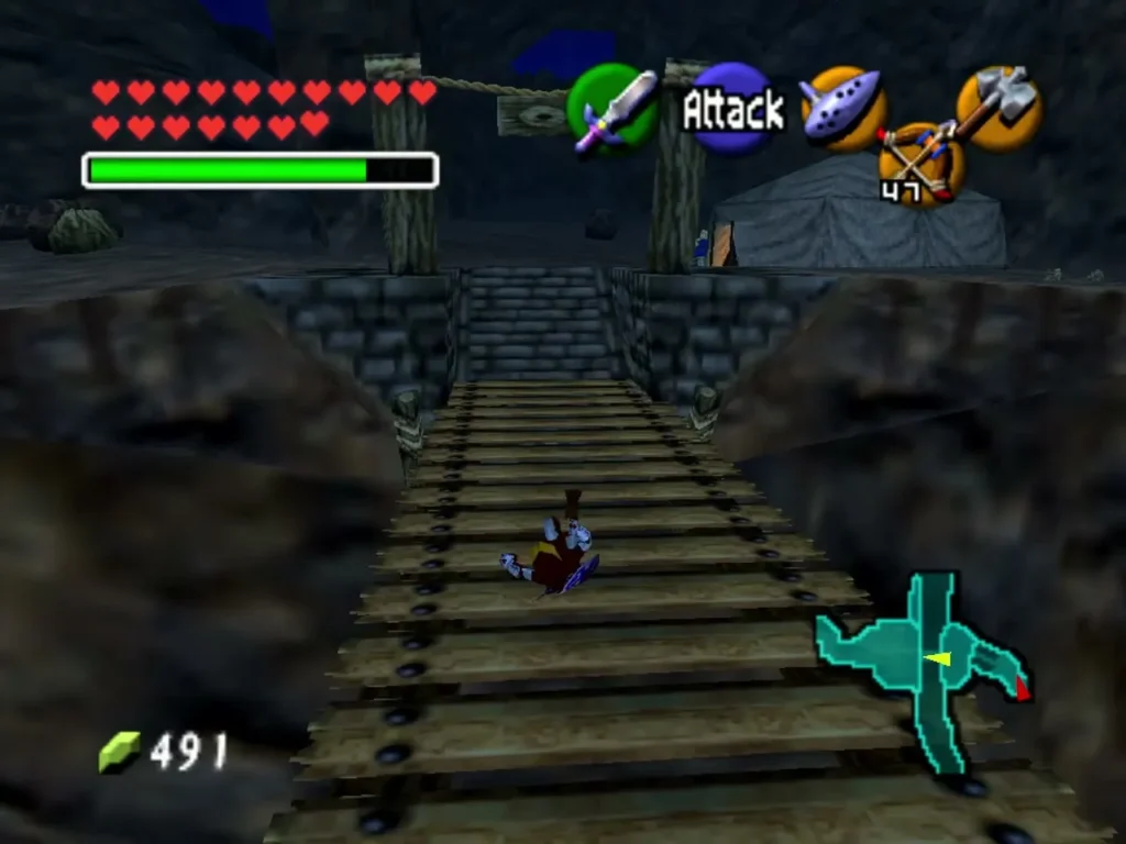 Adult Link on the wooden bridge in Gerudo Valley at night with a tent beyond it Adult Link on the wooden bridge in Gerudo Valley at night with a tent beyond it