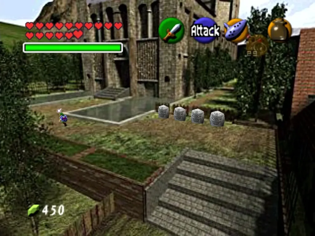 Link approaching the four Gossip Stones that stand in front of the Temple of Time Link approaching the four Gossip Stones that stand in front of the Temple of Time
