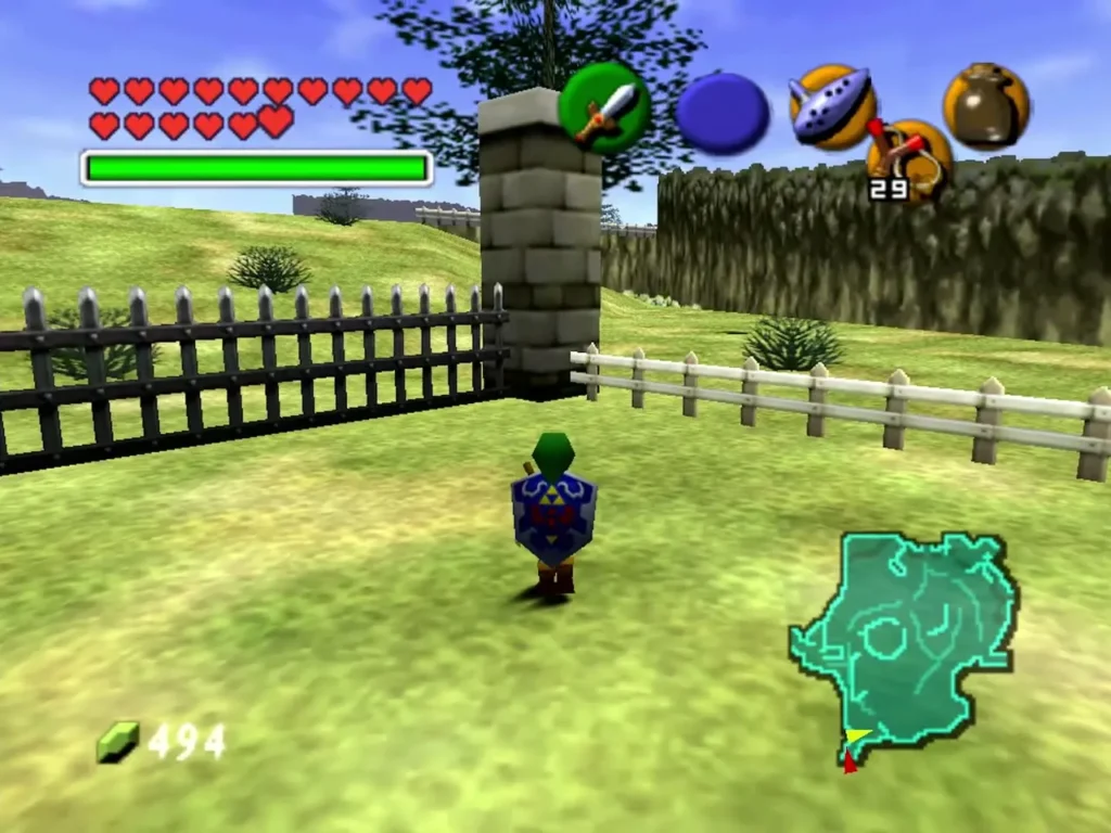 Link beside a stone pillar and fence on the Lake Hylia path where a grotto is hidden Link beside a stone pillar and fence on the Lake Hylia path where a grotto is hidden