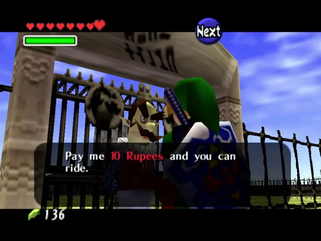 Ingo at the Lon Lon Ranch gate asking for 10 Rupees to ride Ingo at the Lon Lon Ranch gate asking for 10 Rupees to ride