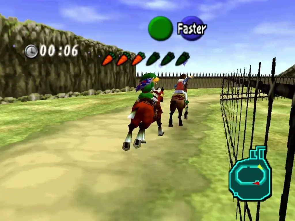 Link racing Ingo on horseback down the Lon Lon Ranch track Link racing Ingo on horseback down the Lon Lon Ranch track