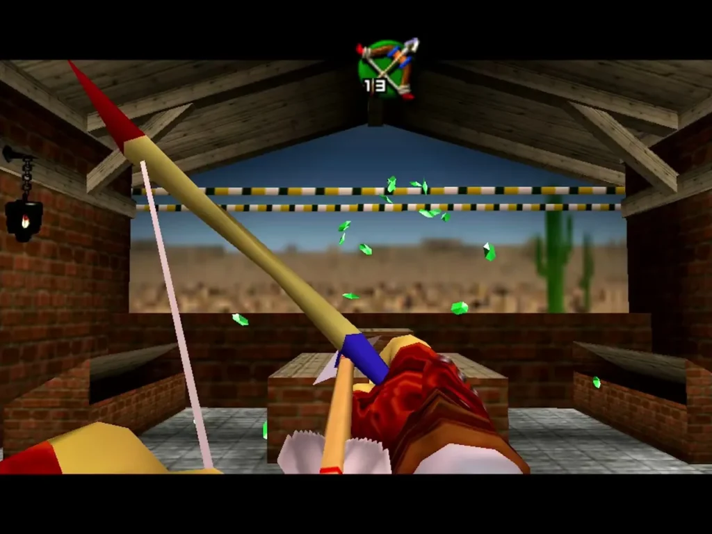 Link drawing the Fairy Bow at the Kakariko Shooting Gallery targets Link drawing the Fairy Bow at the Kakariko Shooting Gallery targets