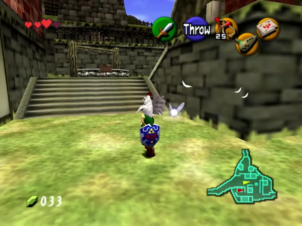 Link with a Cucco in Kakariko Village in daylight Link with a Cucco in Kakariko Village in daylight