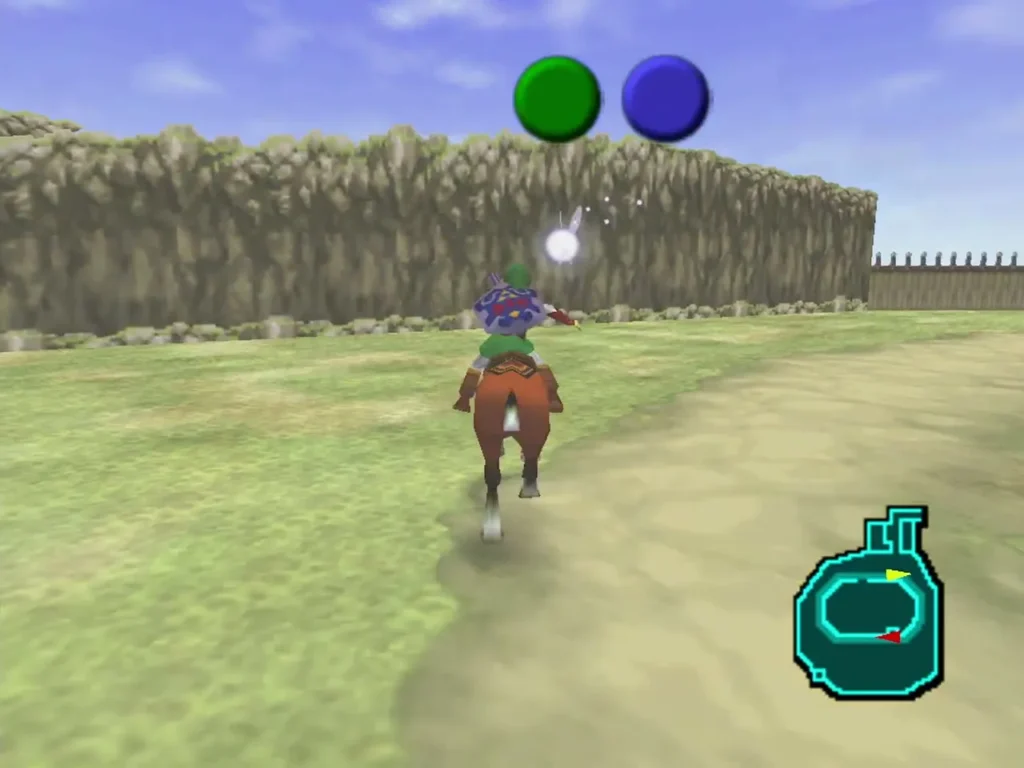 Link riding Epona along a field path at Lon Lon Ranch Link riding Epona along a field path at Lon Lon Ranch