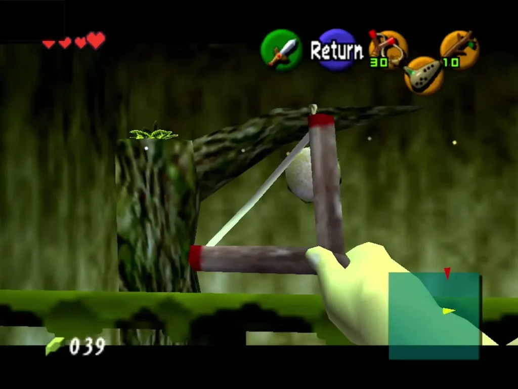 Link aiming the Slingshot at the hanging target in the Lost Woods Link aiming the Slingshot at the hanging target in the Lost Woods