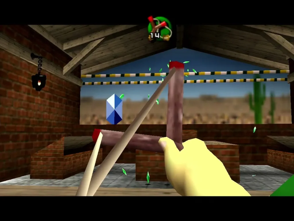 Link aiming the Slingshot at a blue rupee target in the Shooting Gallery Link aiming the Slingshot at a blue rupee target in the Shooting Gallery