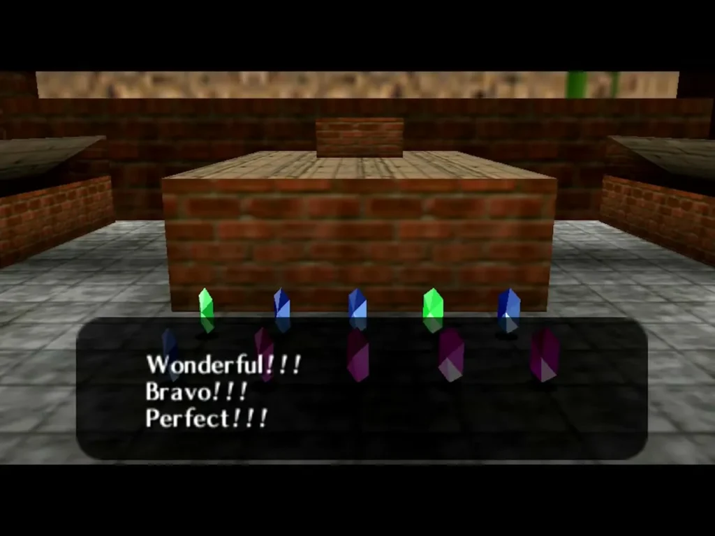 Rupee-shaped targets in the Shooting Gallery with the Wonderful, Bravo, Perfect message Rupee-shaped targets in the Shooting Gallery with the Wonderful, Bravo, Perfect message