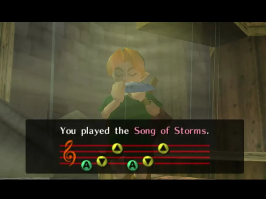 Link finishing the Song of Storms on the Ocarina, with its notes on the staff Link finishing the Song of Storms on the Ocarina, with its notes on the staff