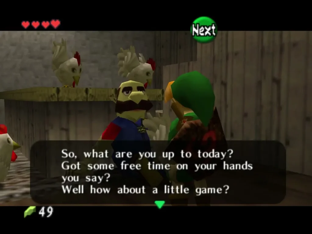 Talon in the Lon Lon Ranch house inviting Link to play a little game among the Cuccos Talon in the Lon Lon Ranch house inviting Link to play a little game among the Cuccos