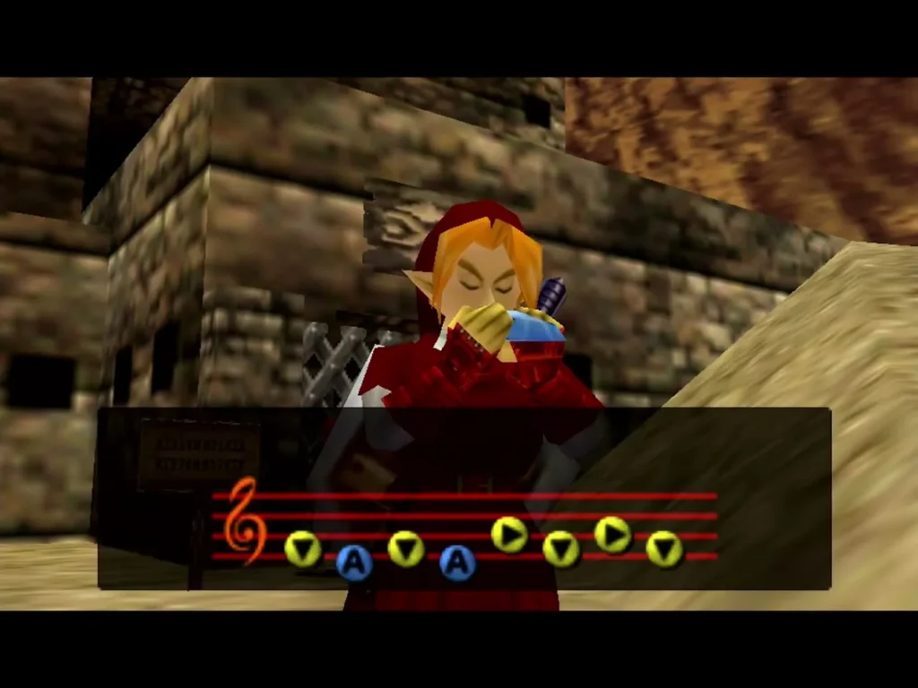 Link in the Goron Tunic playing the Bolero of Fire with the notes on the staff