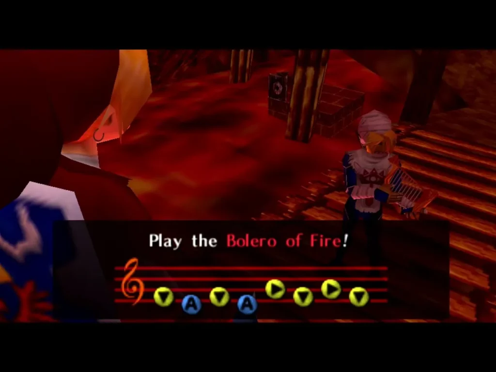 Sheik with the Play the Bolero of Fire prompt over the Death Mountain Crater lava