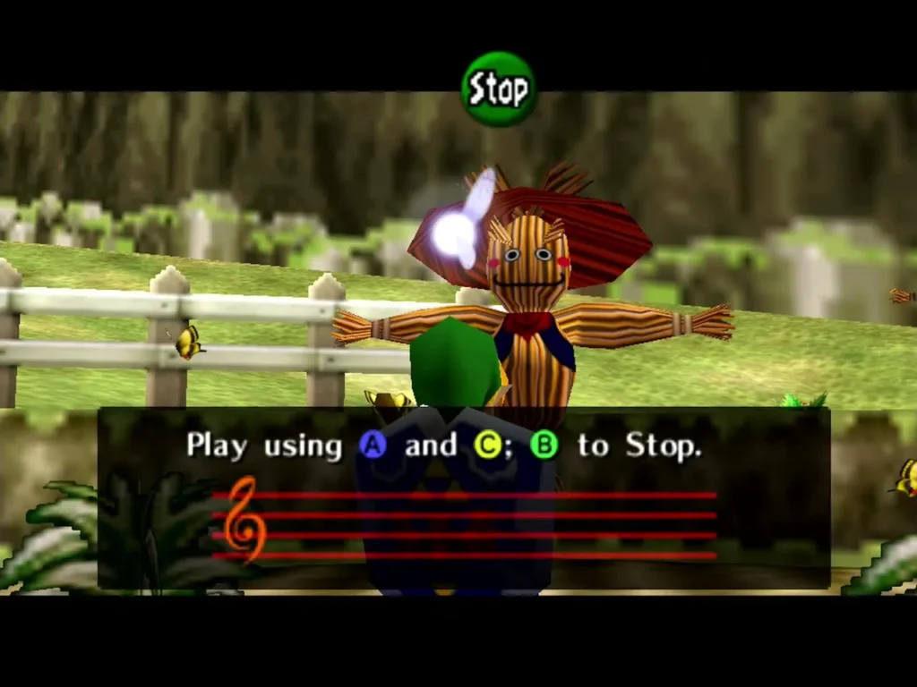 Link playing the Ocarina while Bonooru has a light flash beside him