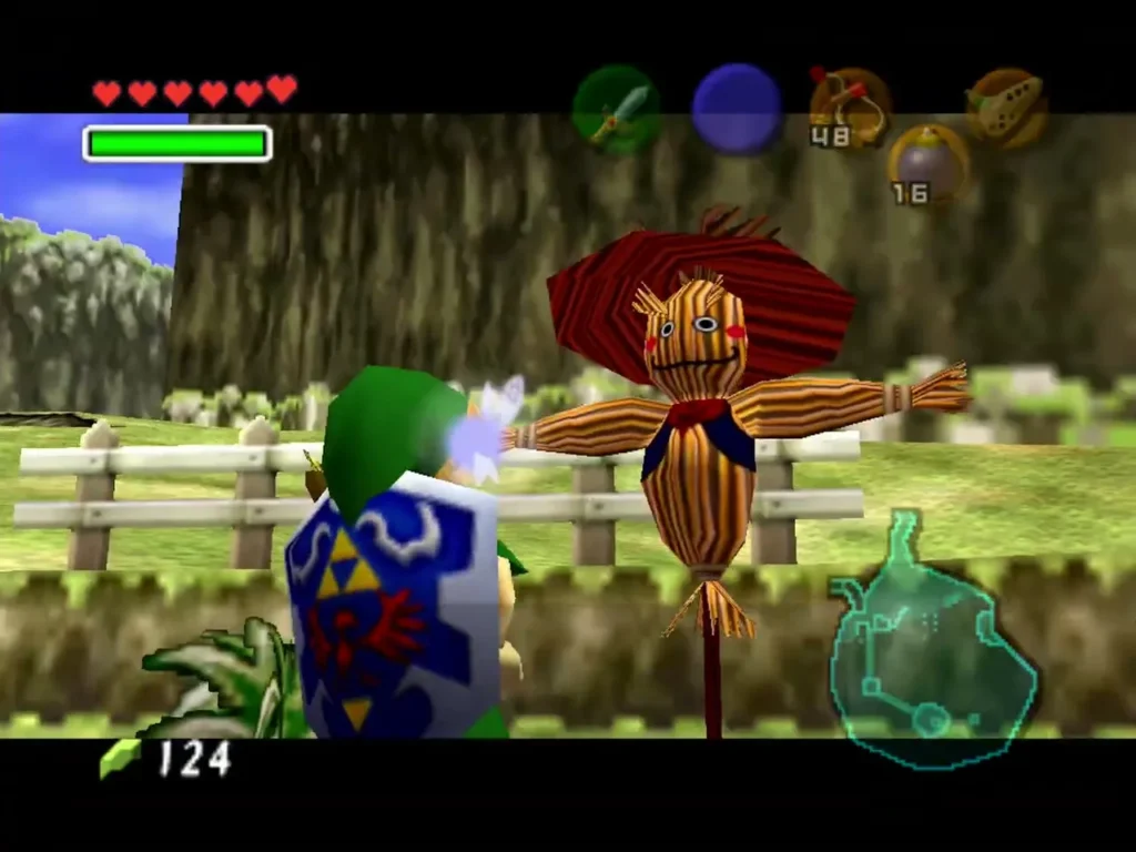 Bonooru the scarecrow standing by the fence at Lake Hylia, with Link in front