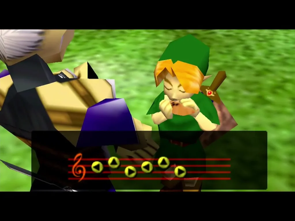 Child Link playing the ocarina beside Impa, with the notes on the staff