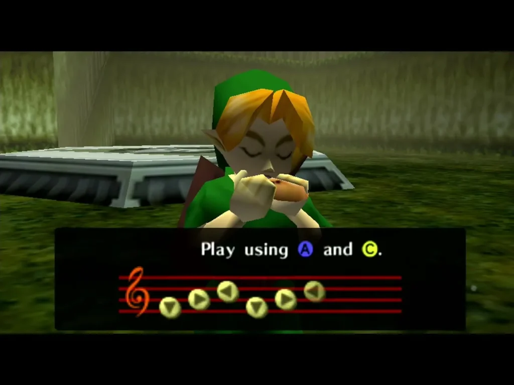 Child Link practising Saria's Song with the notes shown on screen